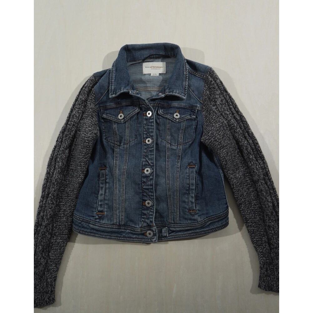 Pilcro Anthropologie Denim Jacket Womens M Blue Jean Wool Knit Sleeve Jacket